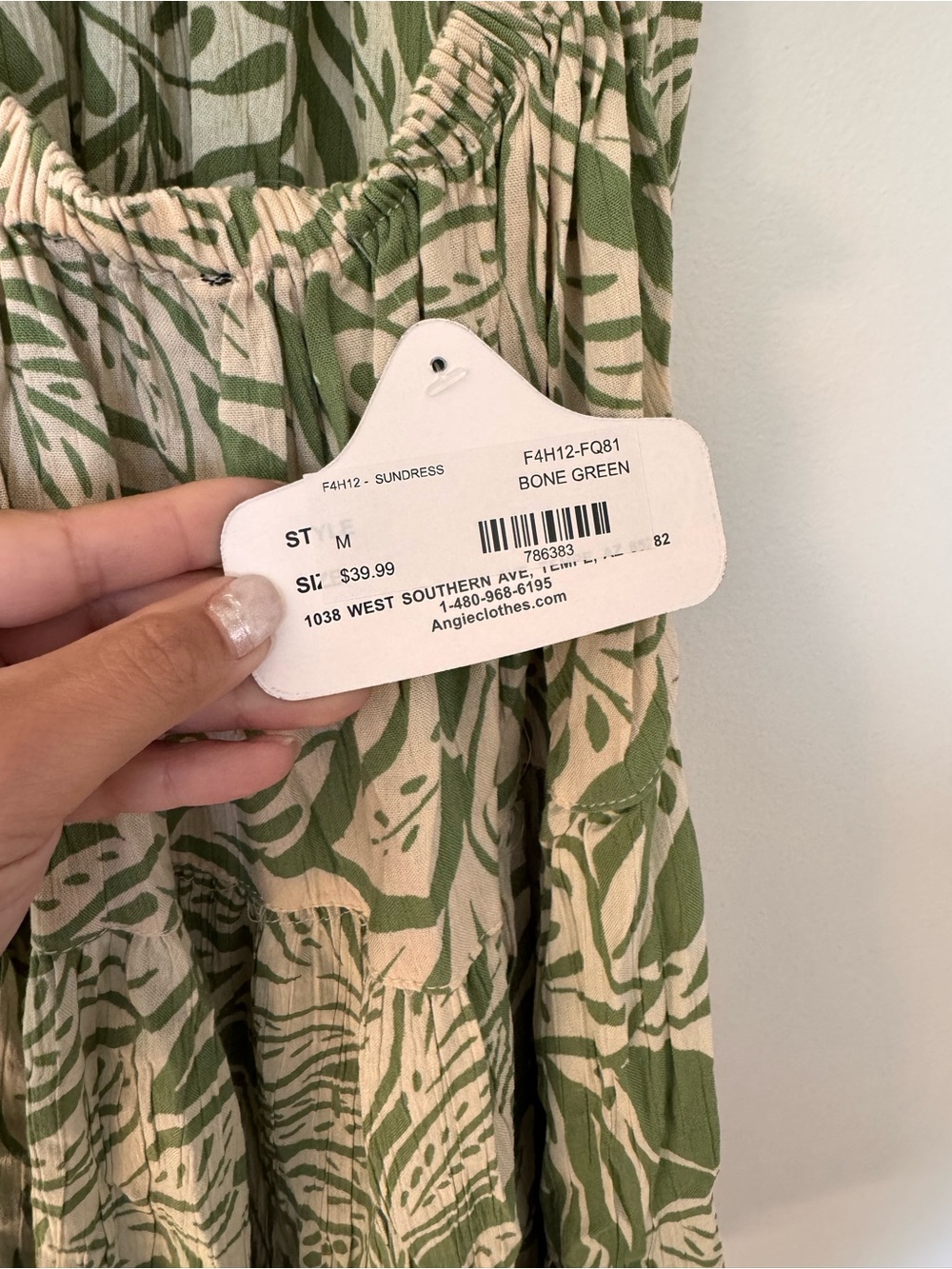 Angie’s Short green and tan leaf print dress with tie back and elastic waist - Picture 6 of 6